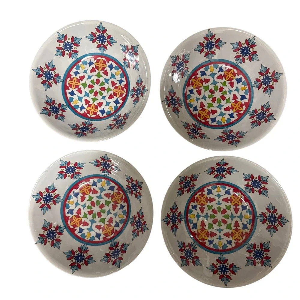 Set of 4 Melamine Bowls Blue Multi Color Geometric Floral Pattern Outdoor Dining